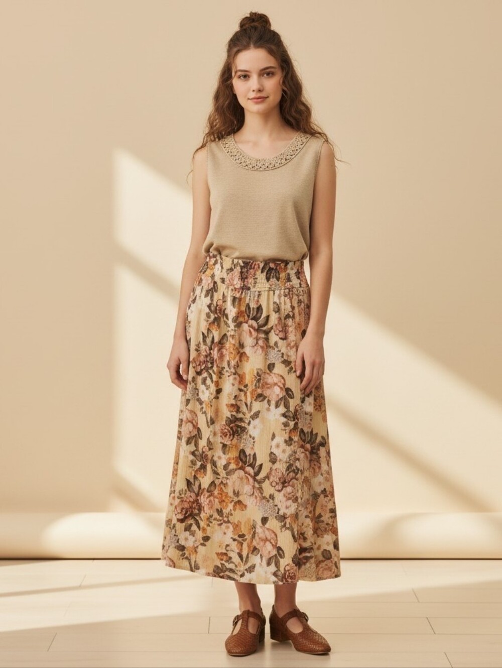 AB Studio Floral Midi Skiet in Cream and Peach. Size MED.